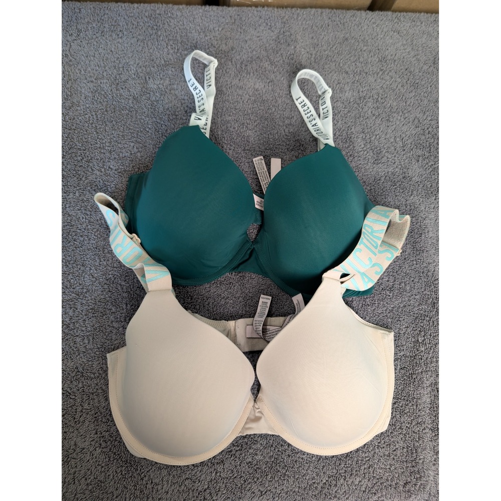 Victoria Secret 2 Pack Logo Strap T-Shirt Bras 34DD Green Beige 7756